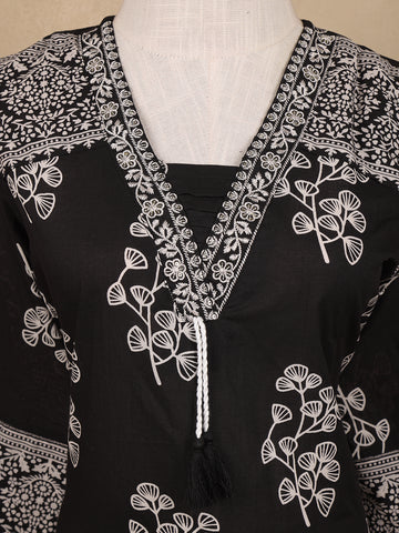 Black Floral Design Printed Cotton Salwar Suit - Diadem