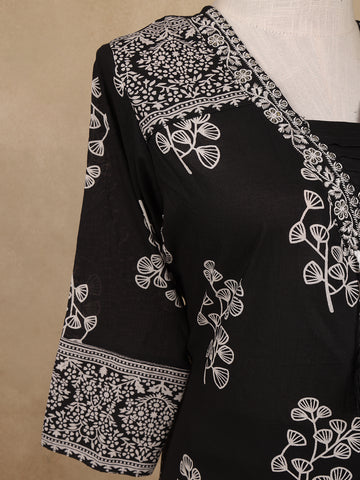 Black Floral Design Printed Cotton Salwar Suit - Diadem