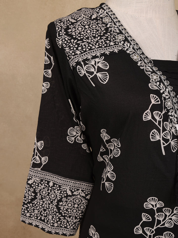 Black Floral Design Printed Cotton Salwar Suit - Diadem