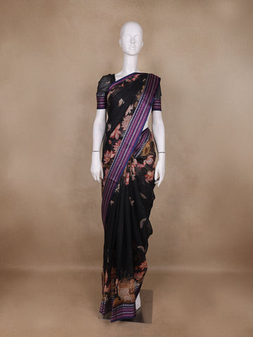 Black Floral Design Printed Kota Cotton Saree - Diadem
