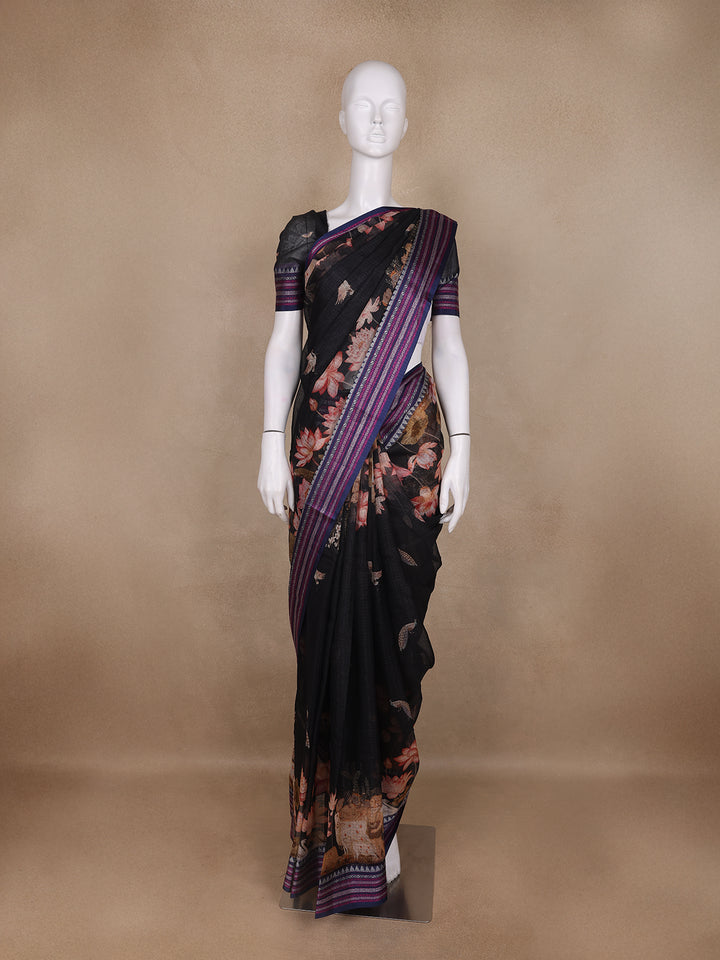 Black Floral Design Printed Kota Cotton Saree - Diadem