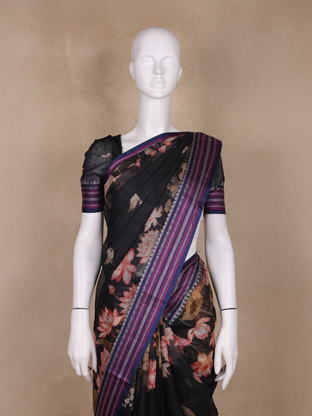 Black Floral Design Printed Kota Cotton Saree - Diadem