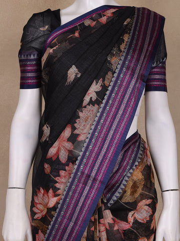 Black Floral Design Printed Kota Cotton Saree - Diadem