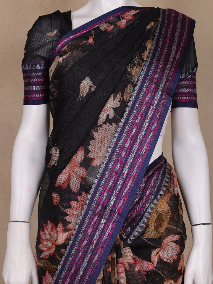 Black Floral Design Printed Kota Cotton Saree - Diadem