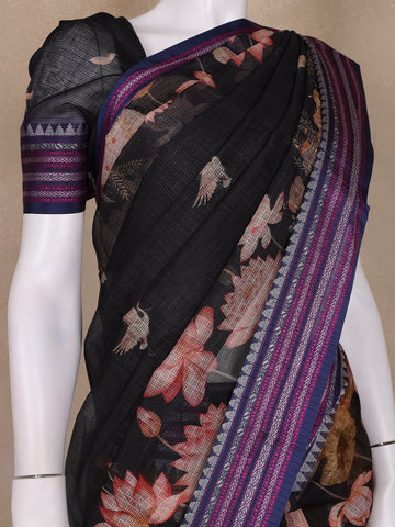 Black Floral Design Printed Kota Cotton Saree - Diadem