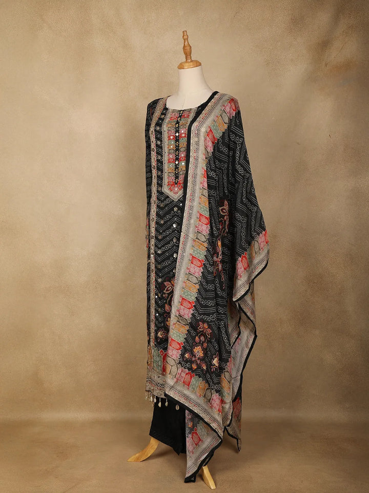 Black Floral Designed Chiffon Straight Cut Salwar Suit - Diadem
