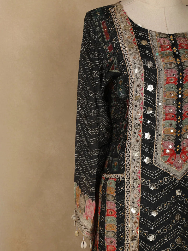 Black Floral Designed Chiffon Straight Cut Salwar Suit - Diadem