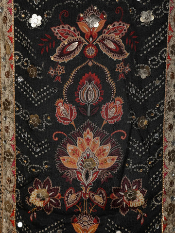Black Floral Designed Chiffon Straight Cut Salwar Suit - Diadem