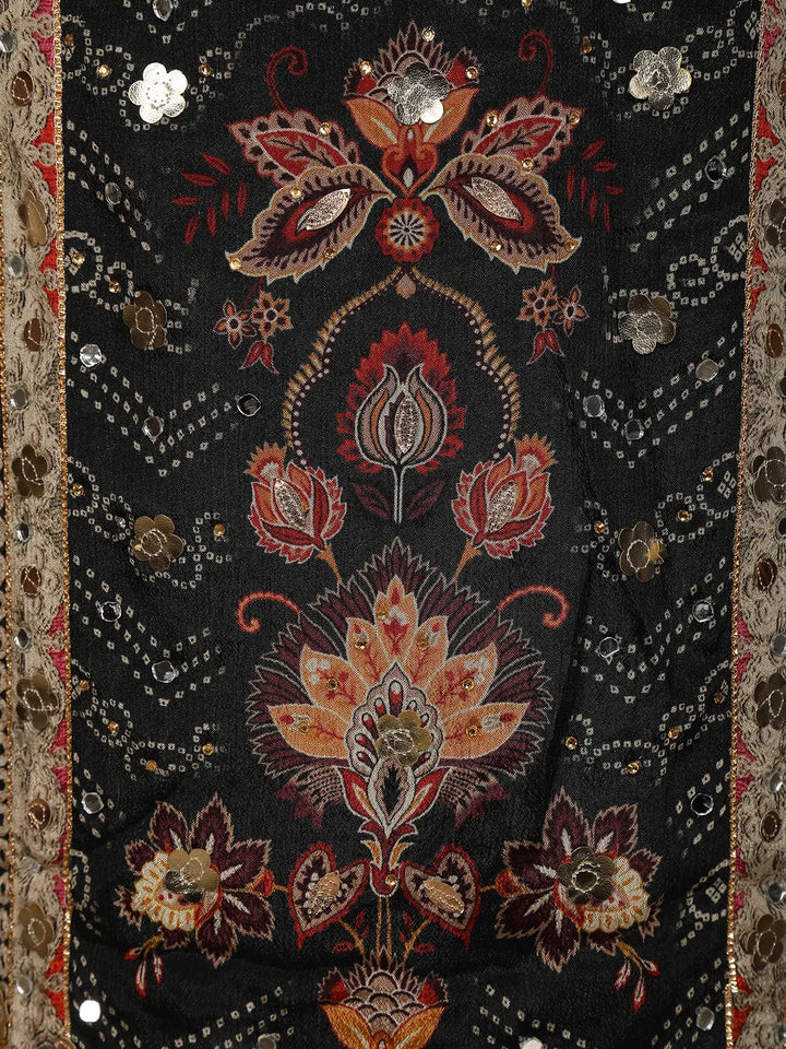 Black Floral Designed Chiffon Straight Cut Salwar Suit - Diadem
