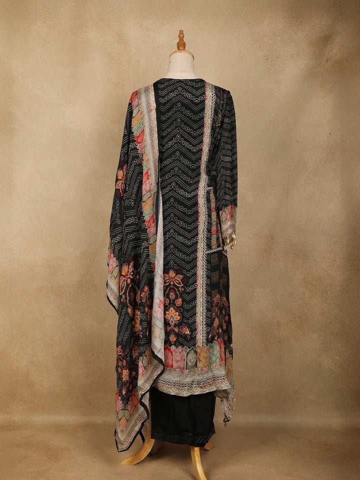 Black Floral Designed Chiffon Straight Cut Salwar Suit - Diadem