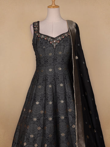 Black Floral Designed Cotton Gown - Diadem