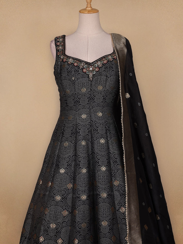 Black Floral Designed Cotton Gown - Diadem
