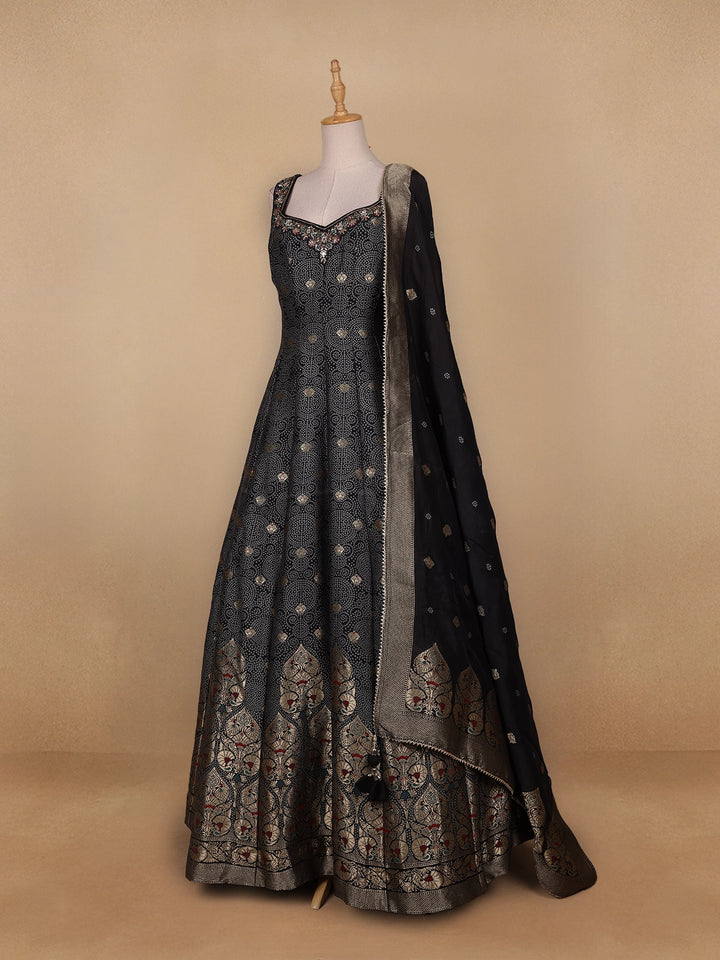 Black Floral Designed Cotton Gown - Diadem
