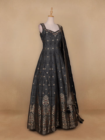 Black Floral Designed Cotton Gown - Diadem
