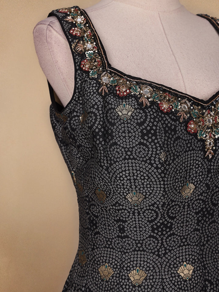Black Floral Designed Cotton Gown - Diadem