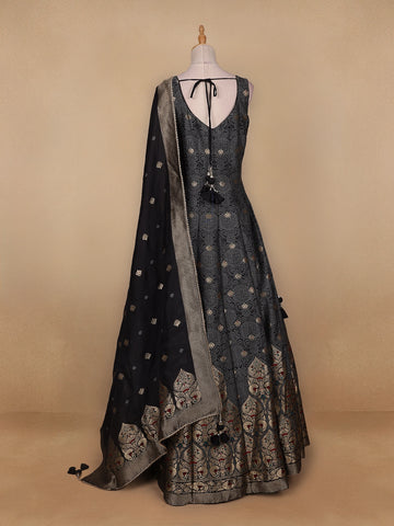 Black Floral Designed Cotton Gown - Diadem