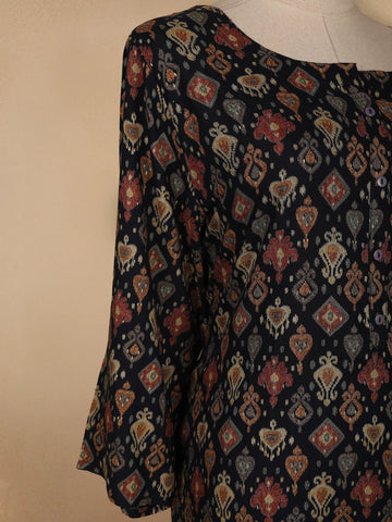 Black Floral Designed Cotton Kurti - Diadem