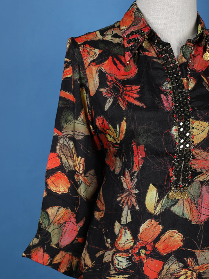 Black Floral Designed Cotton Salwar Suit - Diadem
