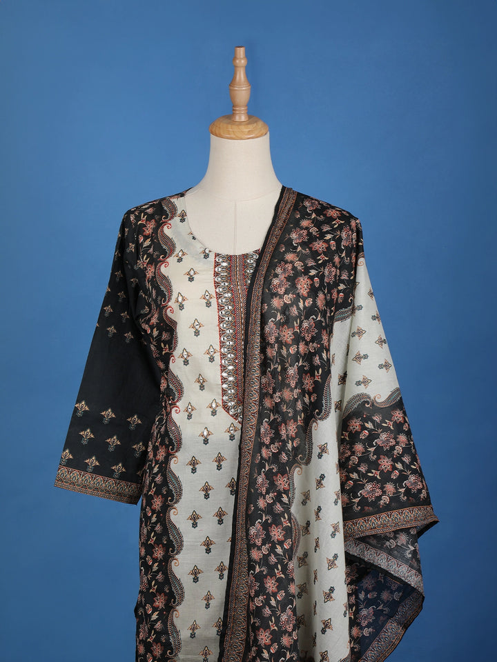 Black Floral Designed Cotton Salwar Suit - Diadem
