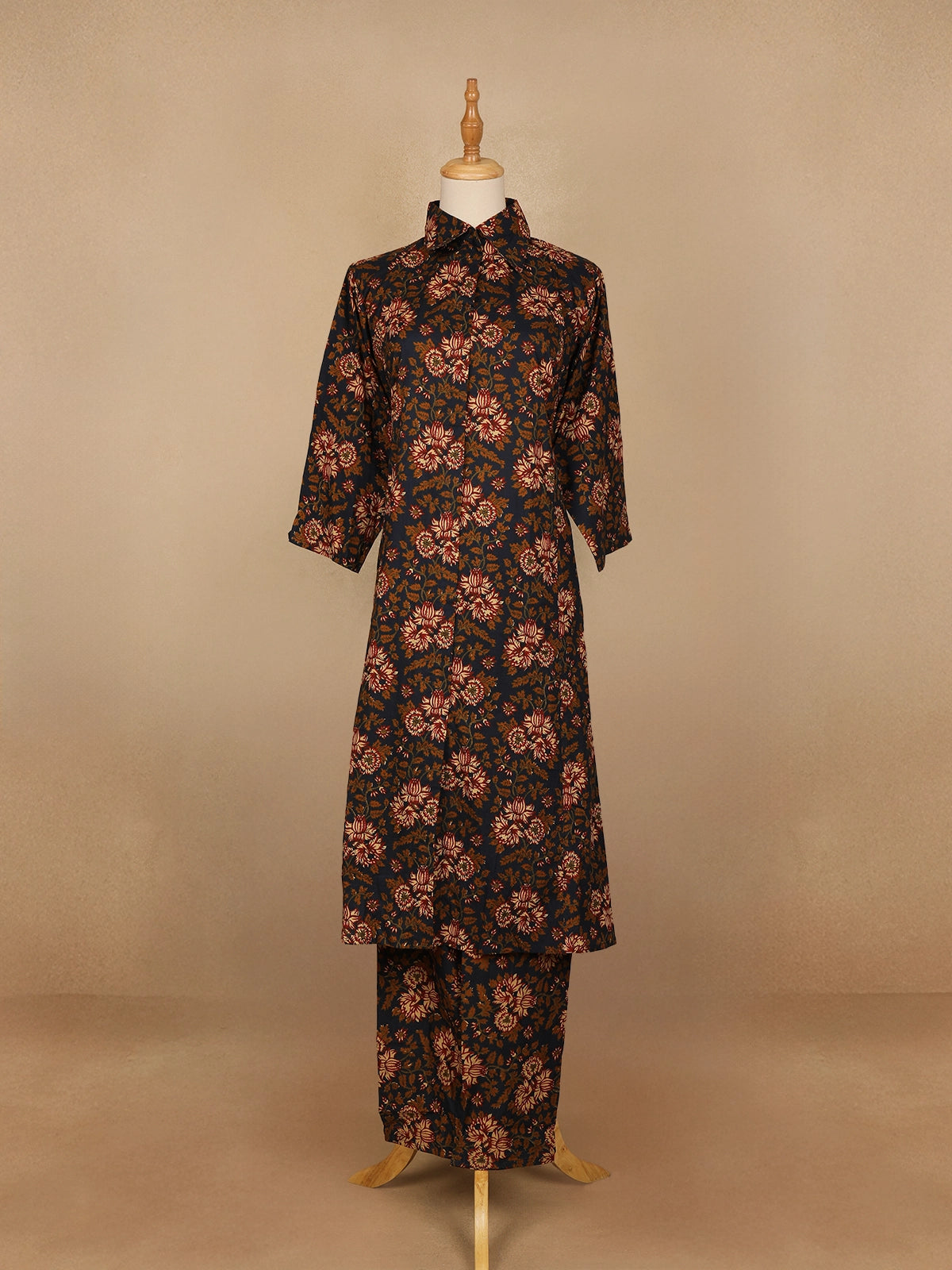 Black Floral Designed Cotton Straight Cut Salwar Suit