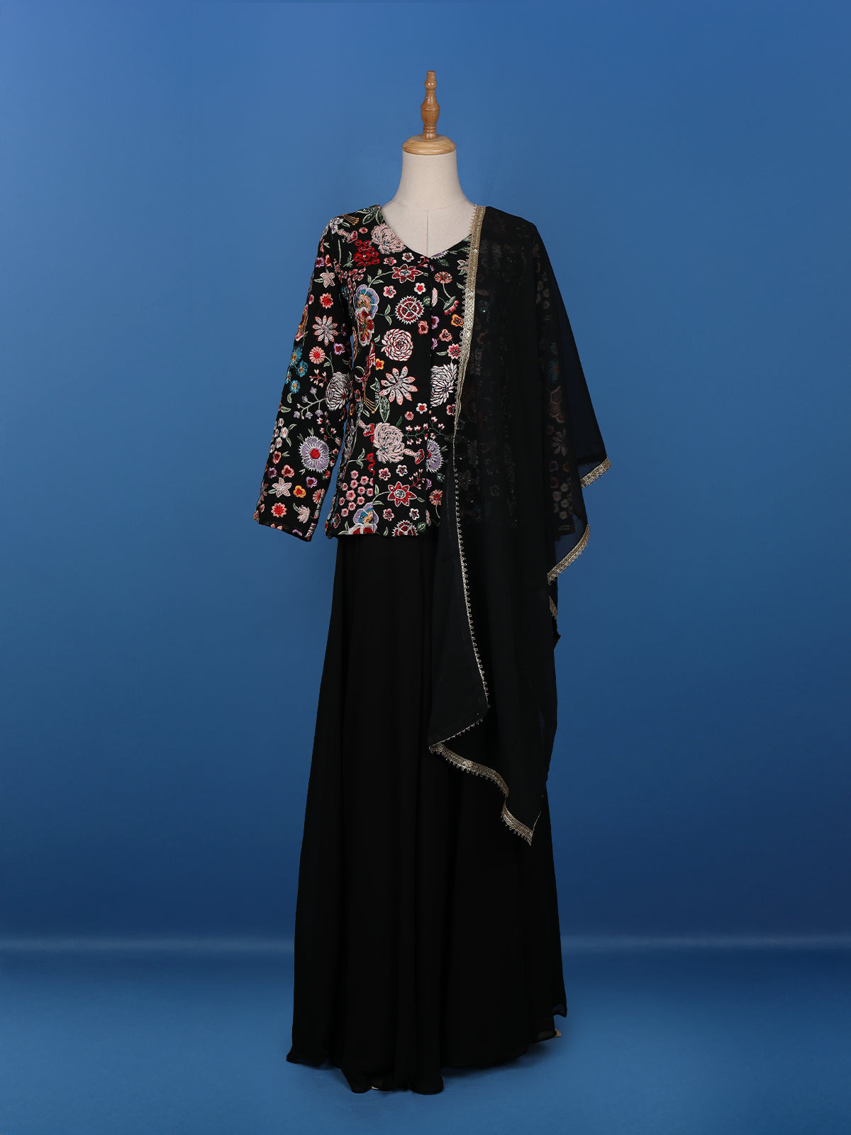 Black Floral Designed Georgette Palazzo Salwar Suit - Diadem