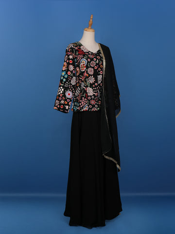 Black Floral Designed Georgette Palazzo Salwar Suit - Diadem