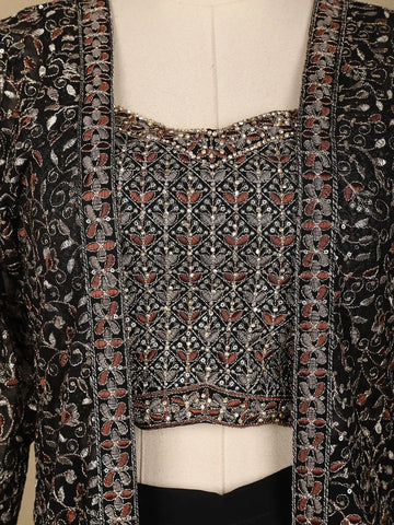 Black Floral Designed Georgette Palazzo Suit - Diadem