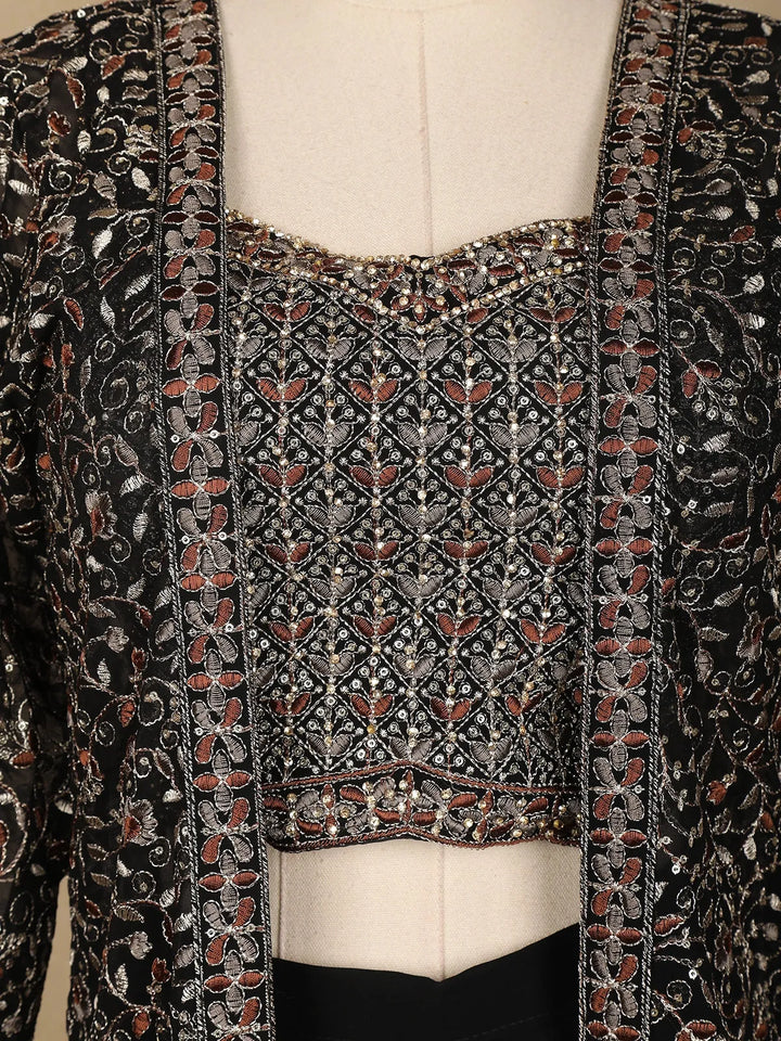 Black Floral Designed Georgette Palazzo Suit - Diadem