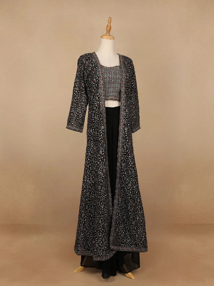 Black Floral Designed Georgette Palazzo Suit - Diadem