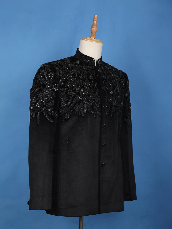 Black Floral Designed Jodhpuri Men's Suit - Diadem