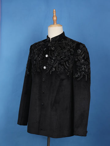 Black Floral Designed Jodhpuri Men's Suit - Diadem
