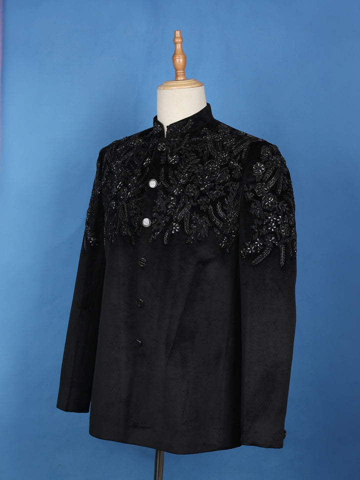 Black Floral Designed Jodhpuri Men's Suit - Diadem