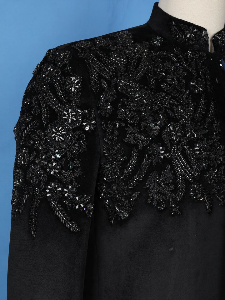 Black Floral Designed Jodhpuri Men's Suit - Diadem