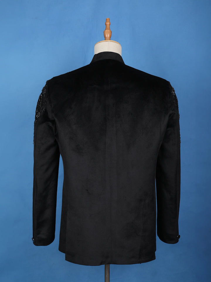 Black Floral Designed Jodhpuri Men's Suit - Diadem