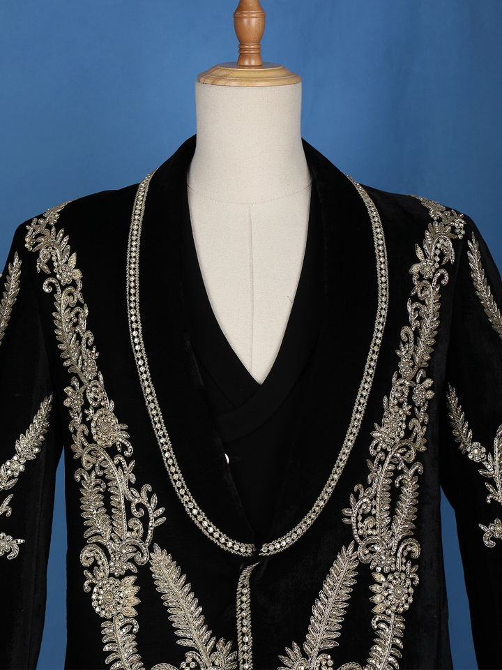 Black Floral Designed Men's Suit - Diadem