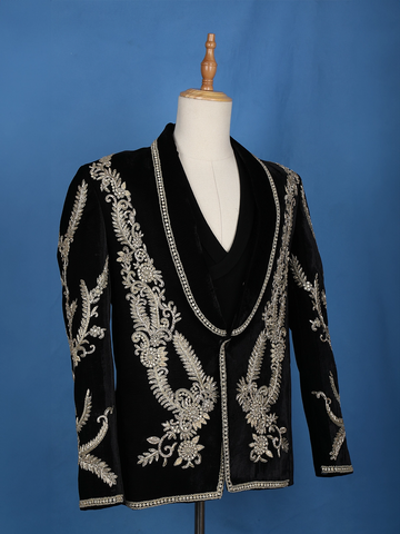 Black Floral Designed Men's Suit - Diadem