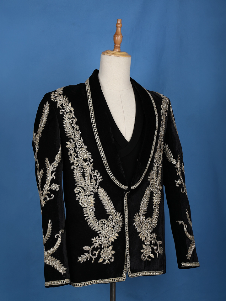 Black Floral Designed Men's Suit - Diadem