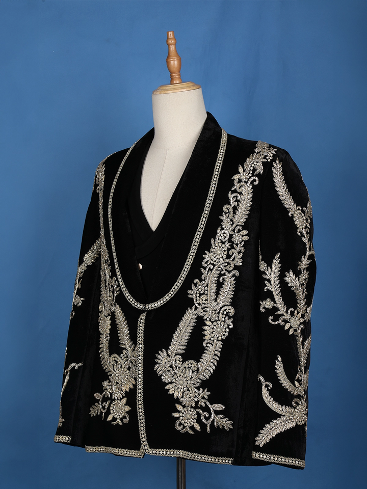 Black Floral Designed Men's Suit - Diadem