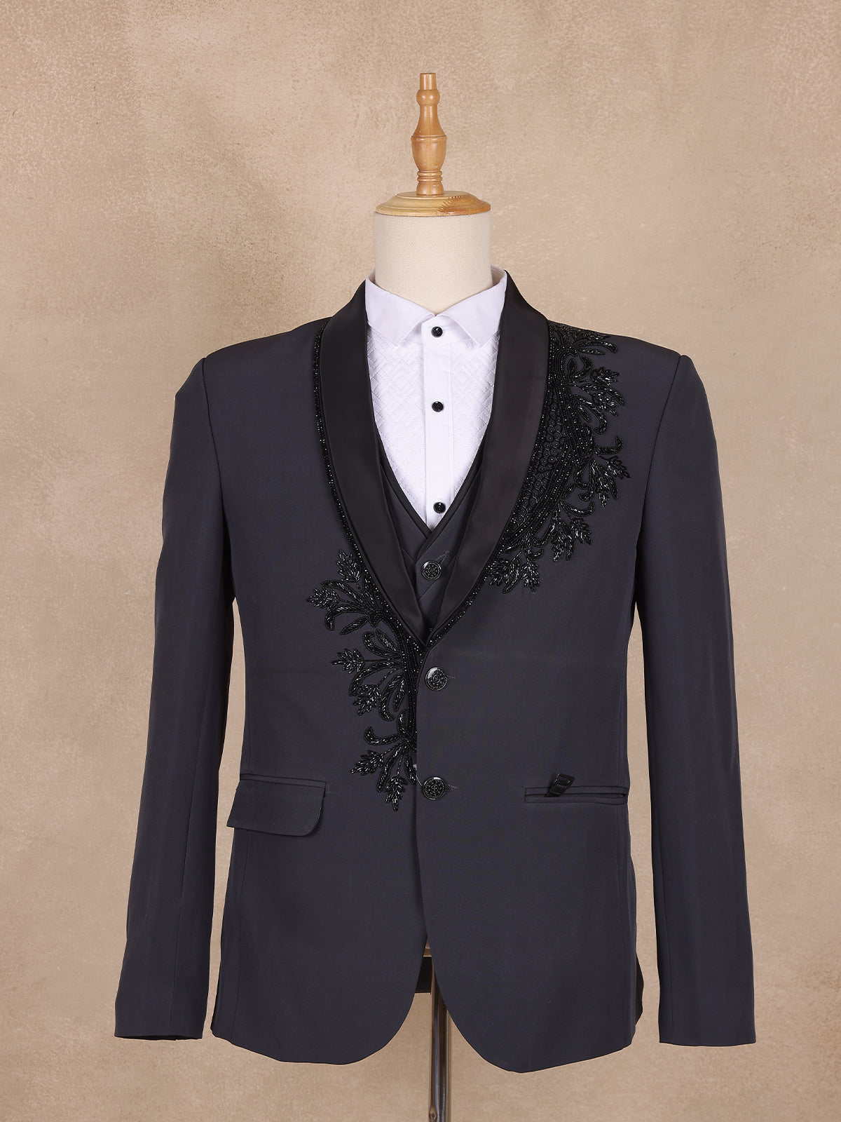Black Floral Designed Men's Suit for Reception - Diadem