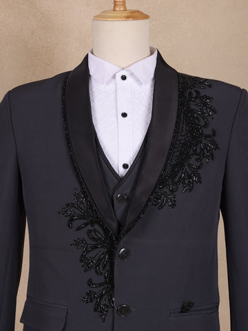 Black Floral Designed Men's Suit for Reception - Diadem