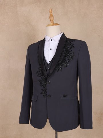 Black Floral Designed Men's Suit for Reception - Diadem