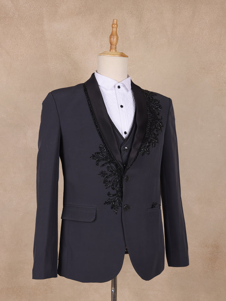 Black Floral Designed Men's Suit for Reception - Diadem