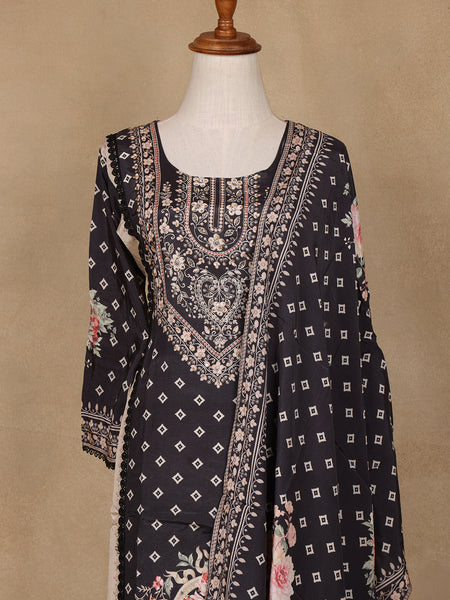 Black Floral Design Printed Cotton Salwar Suit - Diadem
