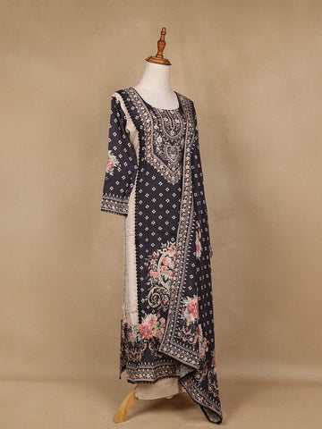 Black Floral Design Printed Cotton Salwar Suit - Diadem