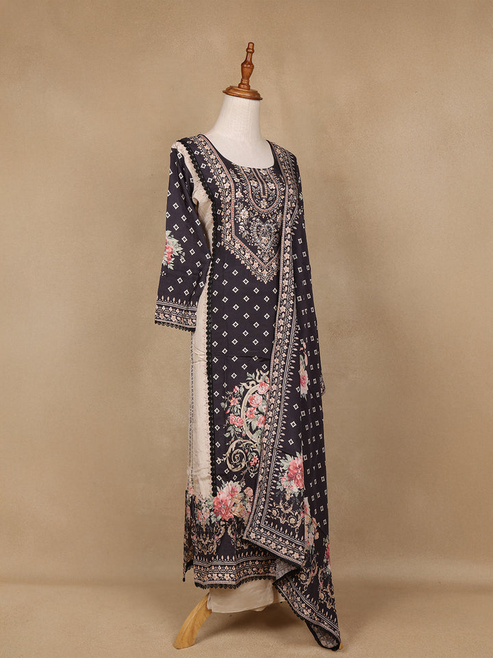 Black Floral Design Printed Cotton Salwar Suit - Diadem