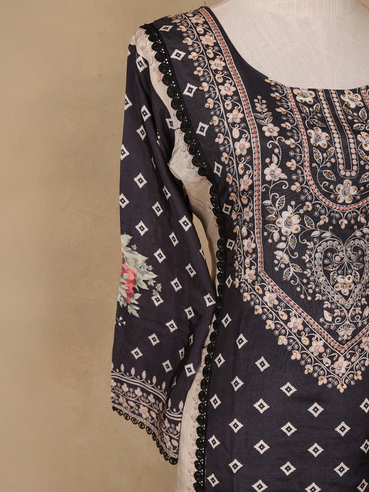 Black Floral Design Printed Cotton Salwar Suit - Diadem