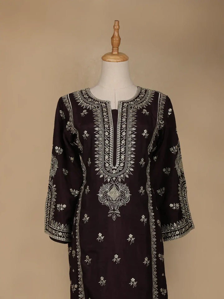 Black Floral Designed Raw Silk Salwar Suit - Diadem