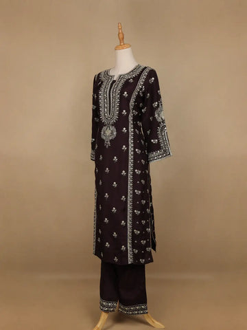Black Floral Designed Raw Silk Salwar Suit - Diadem