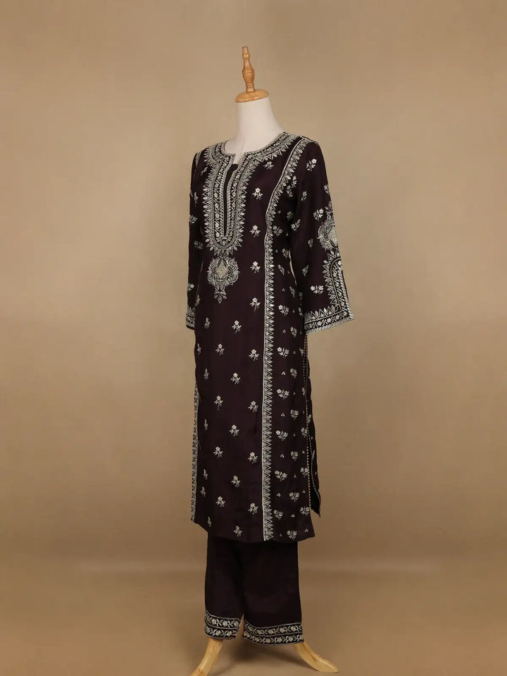 Black Floral Designed Raw Silk Salwar Suit - Diadem