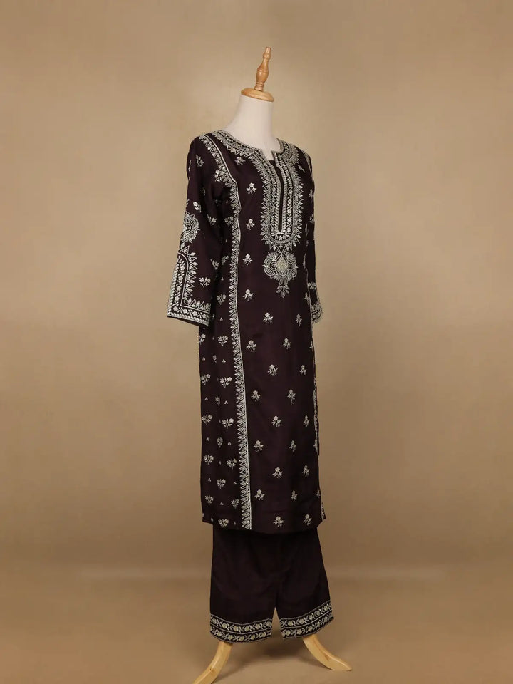 Black Floral Designed Raw Silk Salwar Suit - Diadem